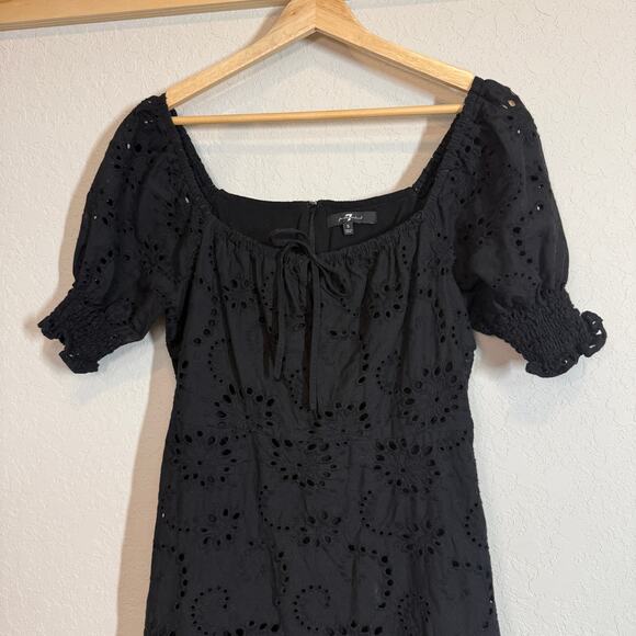 Women's 7 For All Mankind Black Eyelet Short Sleeve Tie Front Dress Size Small - Picture 3 of 10